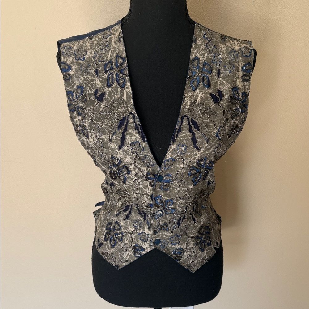 Vintage Ann Tjian for Kenar Hand-Beaded Navy Blue Floral Vest - Medium